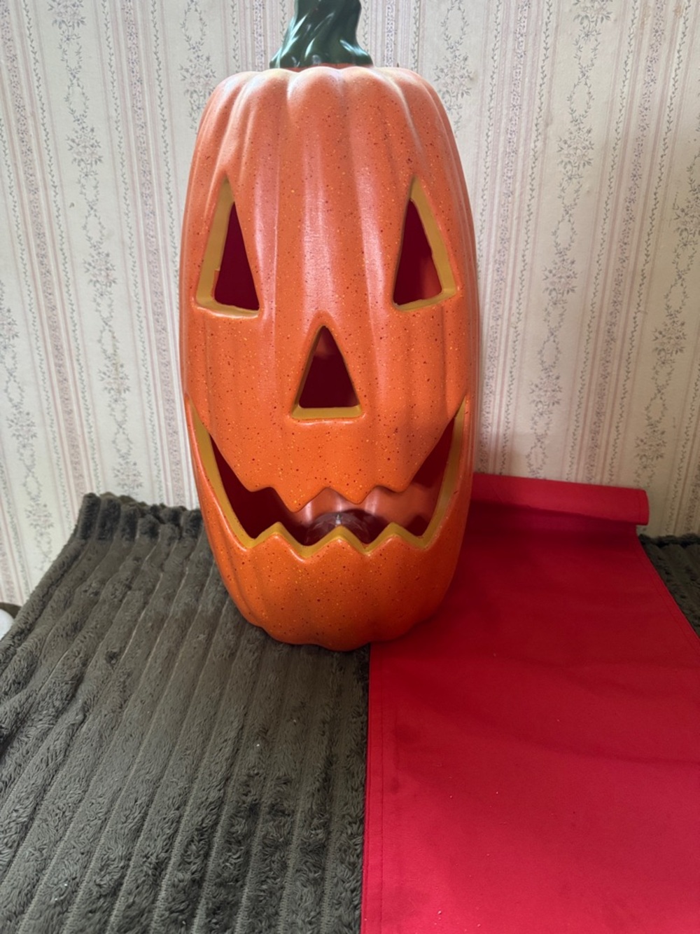 22” TALL Orange Ceramic Jack-O'-Lantern Halloween Decoration Internal Lights
